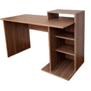 Escritorio nórdico de oficina en madera con repisa elevada y compartimentos abiertos