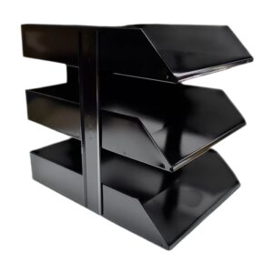 Papelera metálica de oficina negra con 3 compartimentos apilados