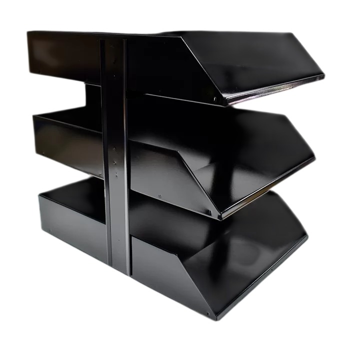 Papelera metálica de oficina negra con 3 compartimentos apilados