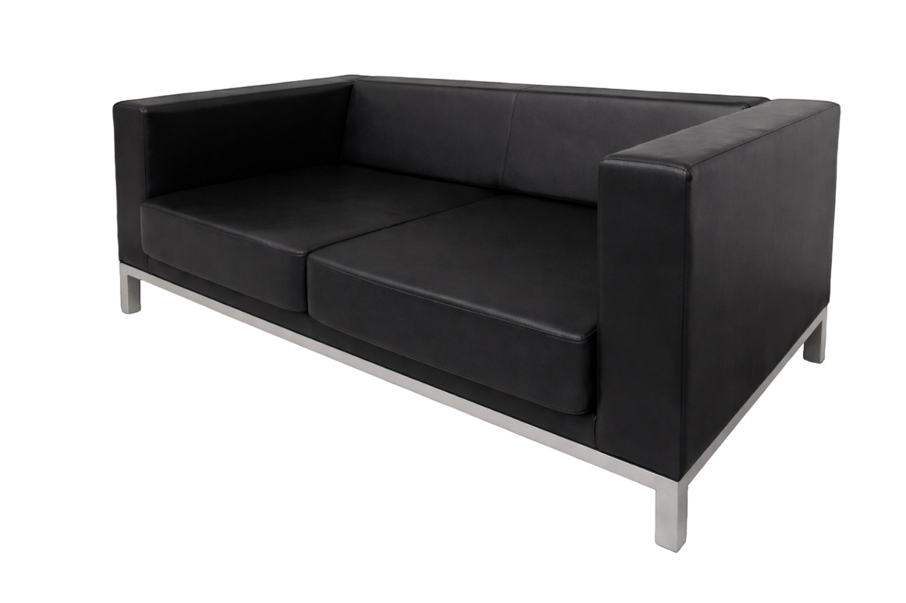 Sofá bipersonal moderno de oficina negro con apoyabrazos cuadrados y patas metálicas