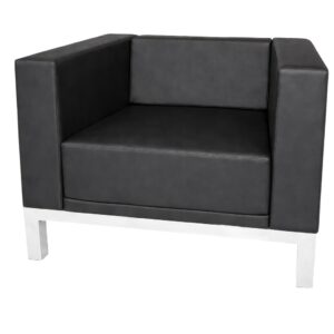 Sofá unipersonal moderno de oficina con tapizado oscuro y patas metálicas