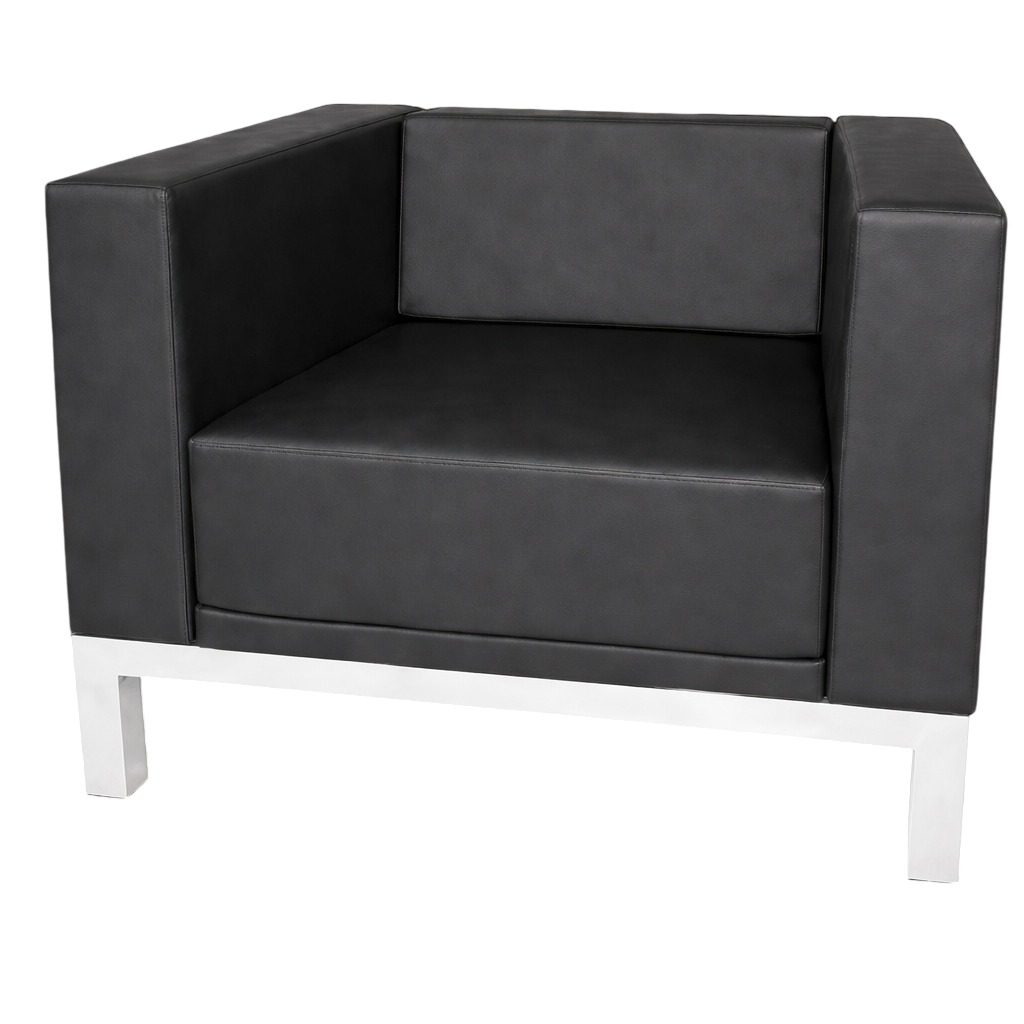 Sofá unipersonal moderno de oficina con tapizado oscuro y patas metálicas